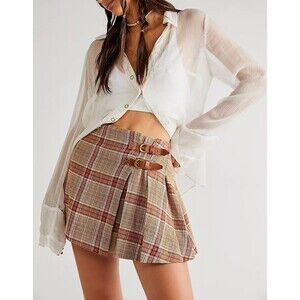 Free People Bali Tai Plaid Mini Skirt Printed Pleated High-Rise Wrap L 286844